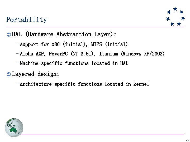 Portability Ü HAL (Hardware Abstraction Layer): –support for x 86 (initial), MIPS (initial) –Alpha