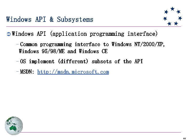 Windows API & Subsystems Ü Windows API (application programming interface) –Common programming interface to