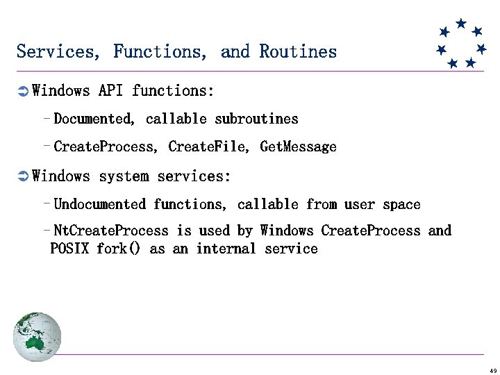 Services, Functions, and Routines Ü Windows API functions: –Documented, callable subroutines –Create. Process, Create.