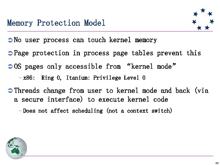 Memory Protection Model Ü No user process can touch kernel memory Ü Page protection