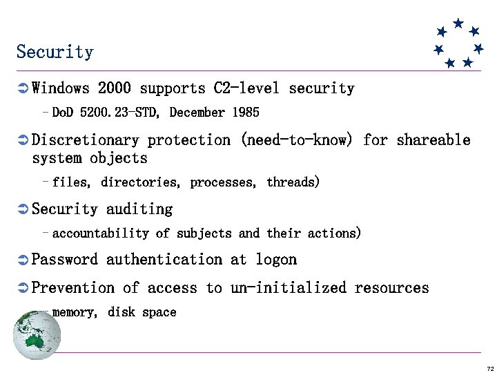 Security Ü Windows 2000 supports C 2 -level security –Do. D 5200. 23 -STD,