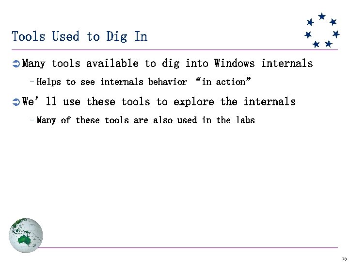 Tools Used to Dig In Ü Many tools available to dig into Windows internals