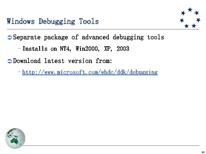 Windows Debugging Tools Ü Separate package of advanced debugging tools –Installs on NT 4,