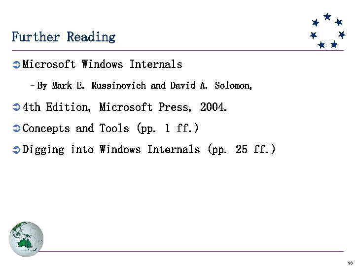 Further Reading Ü Microsoft Windows Internals –By Mark E. Russinovich and David A. Solomon,