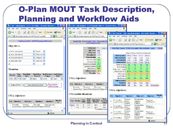O-Plan MOUT Task Description, Planning and Workflow Aids Planning in Context 17 