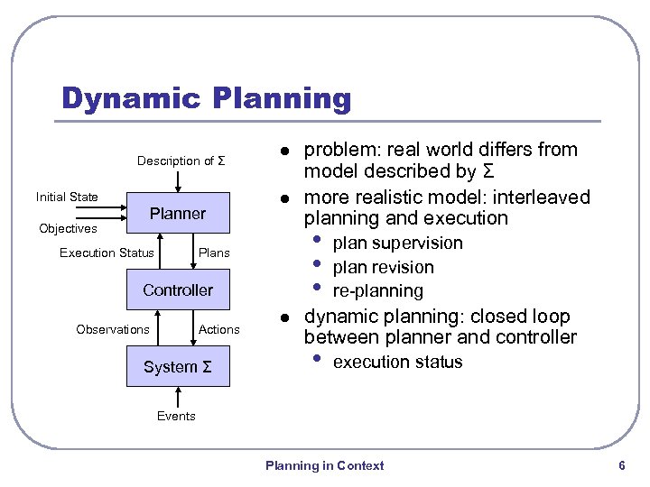 Dynamic Planning Description of Σ Initial State Planner Objectives l l • • •