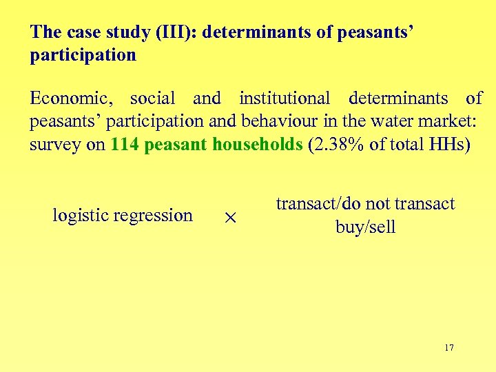 The case study (III): determinants of peasants’ participation Economic, social and institutional determinants of