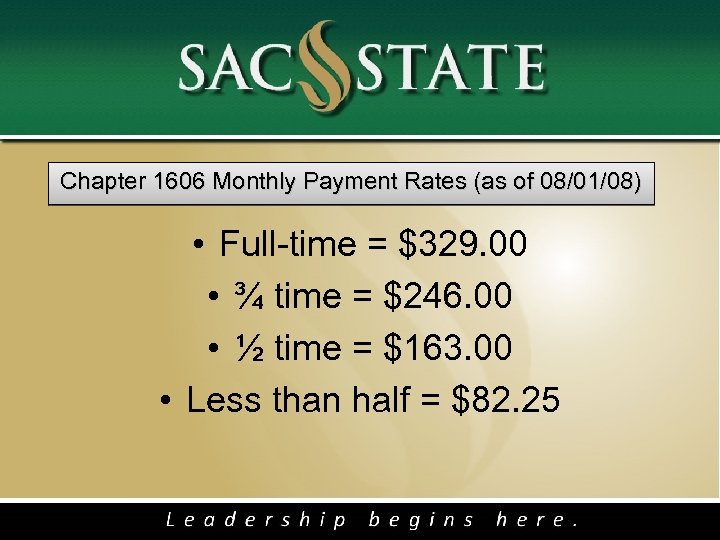 Chapter 1606 Monthly Payment Rates (as of 08/01/08) • Full-time = $329. 00 •