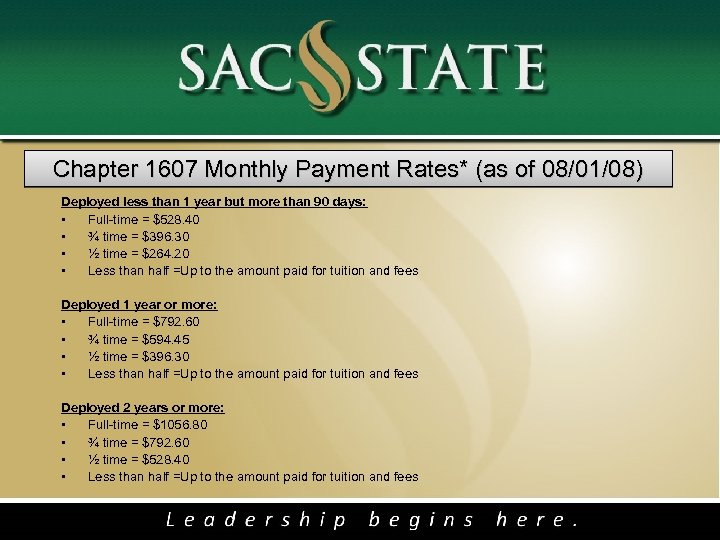 Chapter 1607 Monthly Payment Rates* (as of 08/01/08) Deployed less than 1 year but