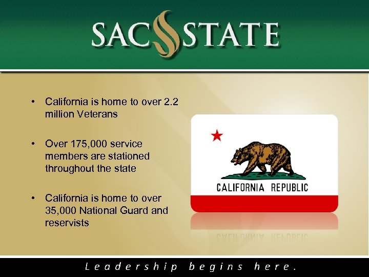  • California is home to over 2. 2 million Veterans • Over 175,