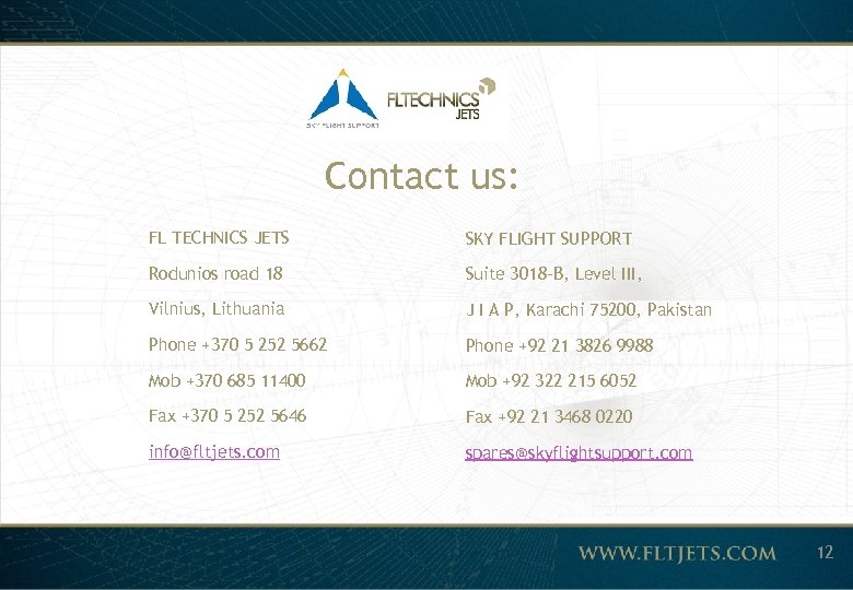 Contact us: FL TECHNICS JETS SKY FLIGHT SUPPORT Rodunios road 18 Suite 3018 -B,