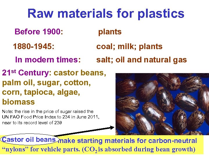 Raw materials for plastics Before 1900: plants 1880 -1945: coal; milk; plants In modern