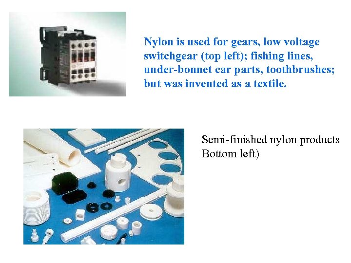 Nylon is used for gears, low voltage switchgear (top left); fishing lines, under-bonnet car