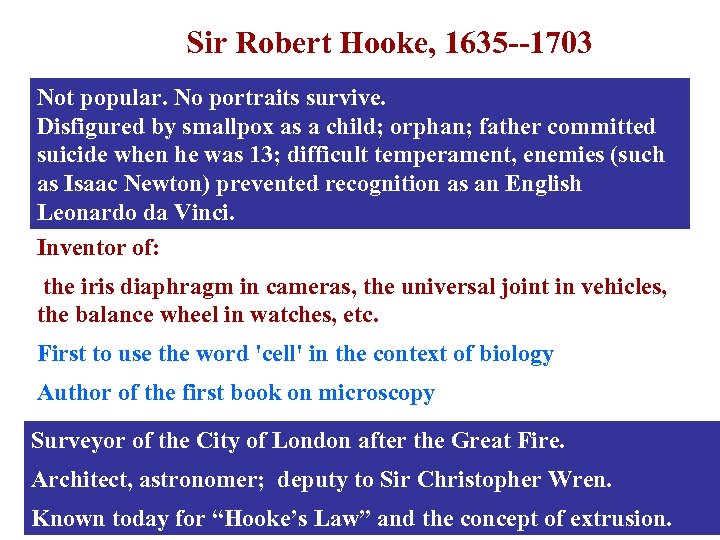 Sir Robert Hooke, 1635 --1703 Not popular. No portraits survive. Disfigured by smallpox as