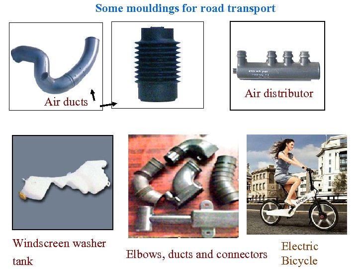 Some mouldings for road transport Air ducts Windscreen washer tank Air distributor Elbows, ducts