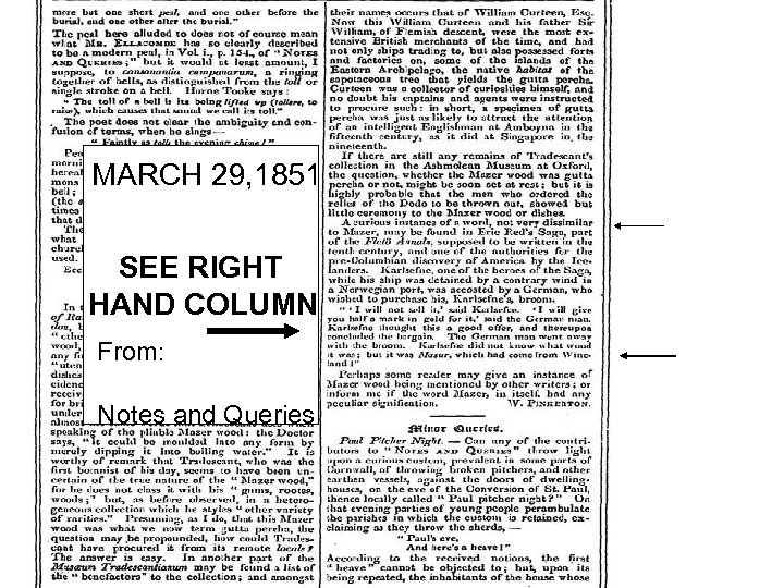 MARCH 29, 1851 SEE RIGHT HAND COLUMN From: Notes and Queries 