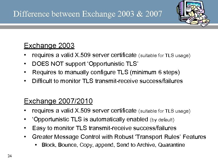 Difference between Exchange 2003 & 2007 Exchange 2003 • • requires a valid X.