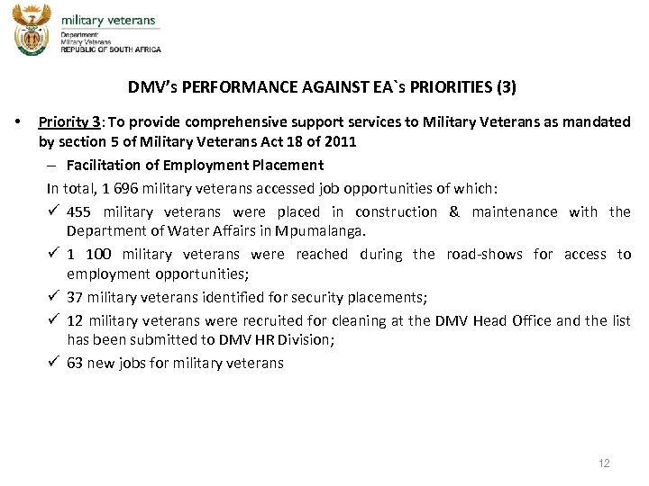 DMV’s PERFORMANCE AGAINST EA`s PRIORITIES (3) • Priority 3: To provide comprehensive support services