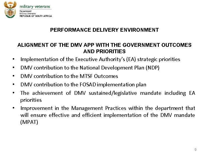 PERFORMANCE DELIVERY ENVIRONMENT ALIGNMENT OF THE DMV APP WITH THE GOVERNMENT OUTCOMES AND PRIORITIES