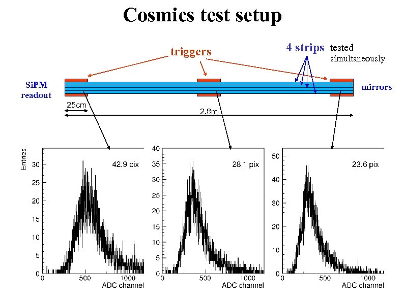 Cosmics test setup triggers Si. PM readout 4 strips tested simultaneously mirrors 25 cm