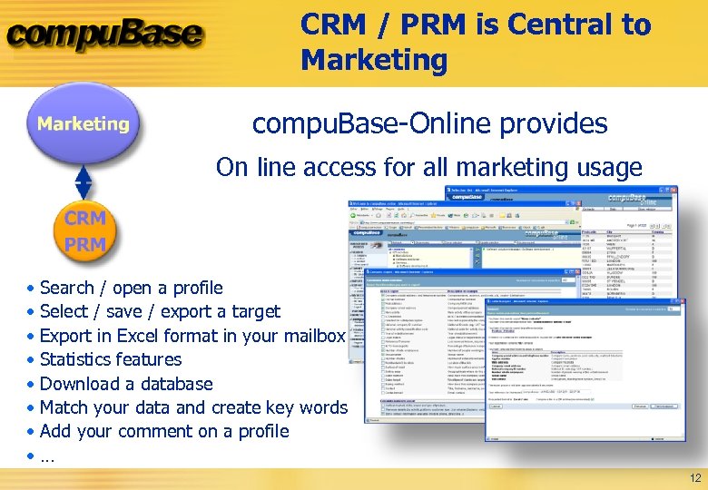 CRM / PRM is Central to Marketing compu. Base-Online provides On line access for