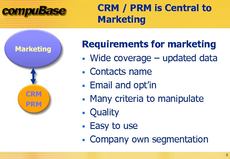 CRM / PRM is Central to Marketing Requirements for marketing § Wide coverage –