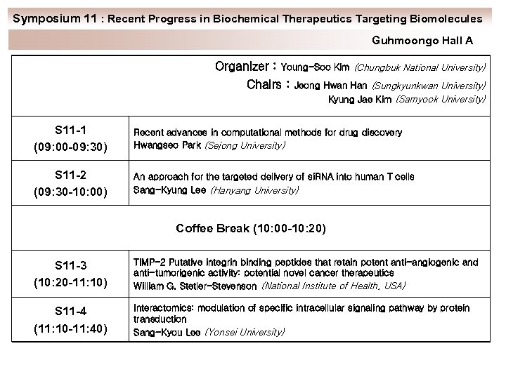 Symposium 11 : Recent Progress in Biochemical Therapeutics Targeting Biomolecules Guhmoongo Hall A Organizer