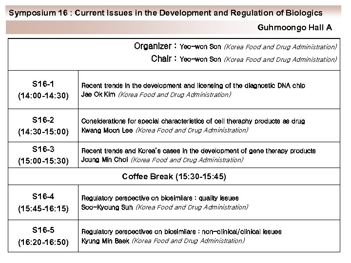 Symposium 16 : Current Issues in the Development and Regulation of Biologics Guhmoongo Hall