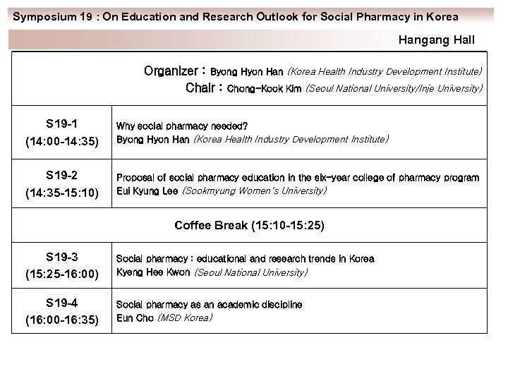 Symposium 19 : On Education and Research Outlook for Social Pharmacy in Korea Hangang