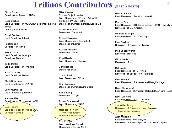 Trilinos Contributors (past 3 years) Chris Baker Developer of Anasazi, RBGen Mike Heroux Trilinos