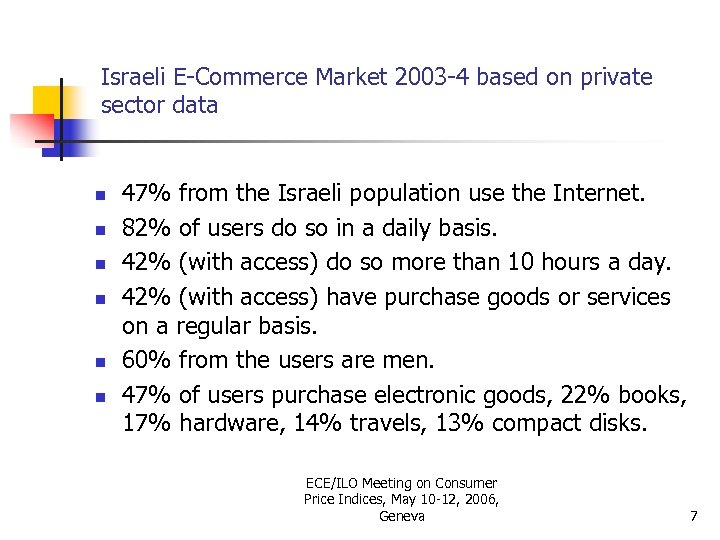 Israeli E-Commerce Market 2003 -4 based on private sector data n n n 47%