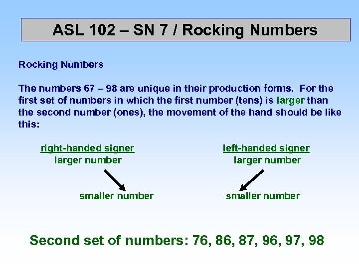 ASL 102 – SN 7 / Rocking Numbers The numbers 67 – 98 are