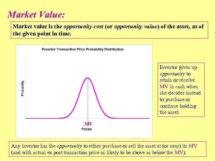 Market Value: Market value is the opportunity cost (or opportunity value) of the asset,