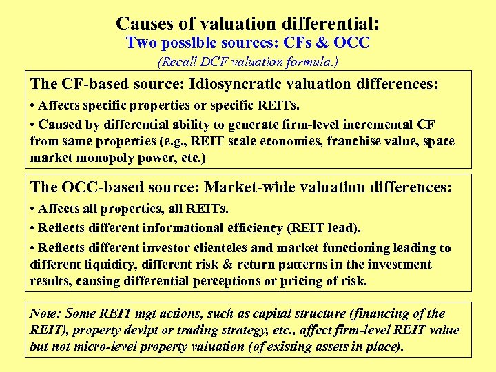 Causes of valuation differential: Two possible sources: CFs & OCC (Recall DCF valuation formula.