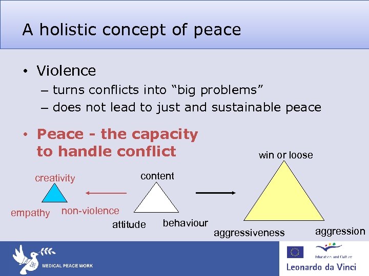 A holistic concept of peace • Violence – turns conflicts into “big problems” –