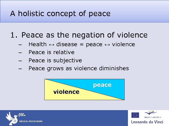 A holistic concept of peace 1. Peace as the negation of violence – –