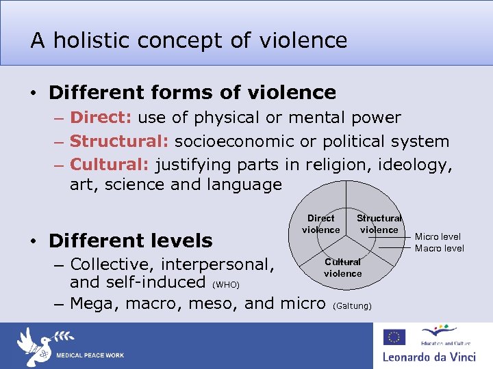 A holistic concept of violence • Different forms of violence – Direct: use of