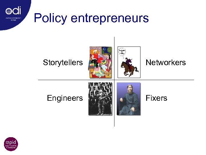 Policy entrepreneurs Storytellers Engineers Networkers Fixers 