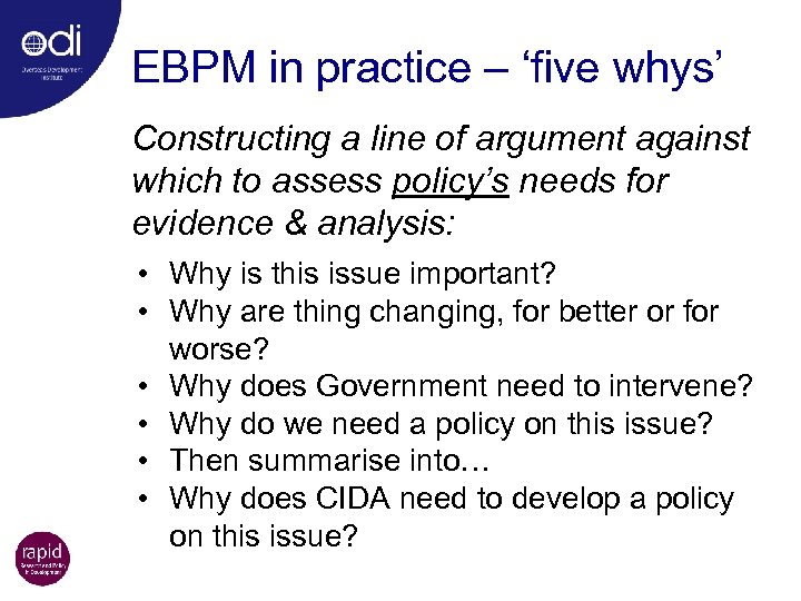 EBPM in practice – ‘five whys’ Constructing a line of argument against which to