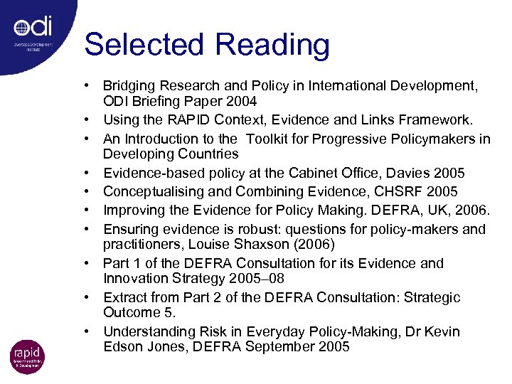 Selected Reading • Bridging Research and Policy in International Development, ODI Briefing Paper 2004