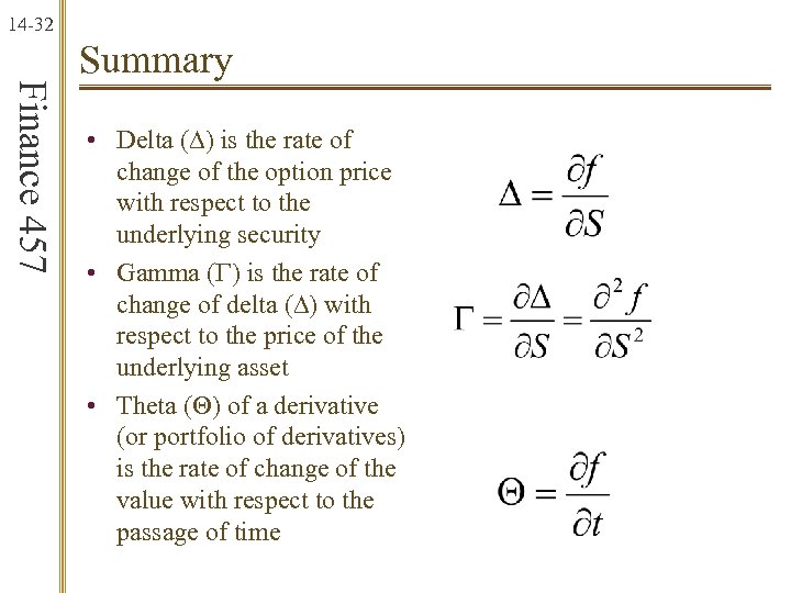 14 -32 Finance 457 Summary • Delta (D) is the rate of change of