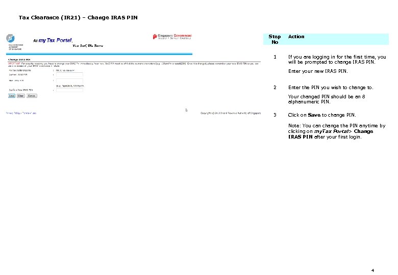Tax Clearance (IR 21) – Change IRAS PIN Step No 1 Action If you