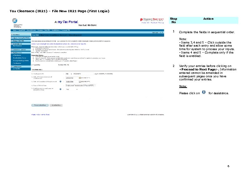 Tax Clearance (IR 21) – File New IR 21 Page (First Login) Step No