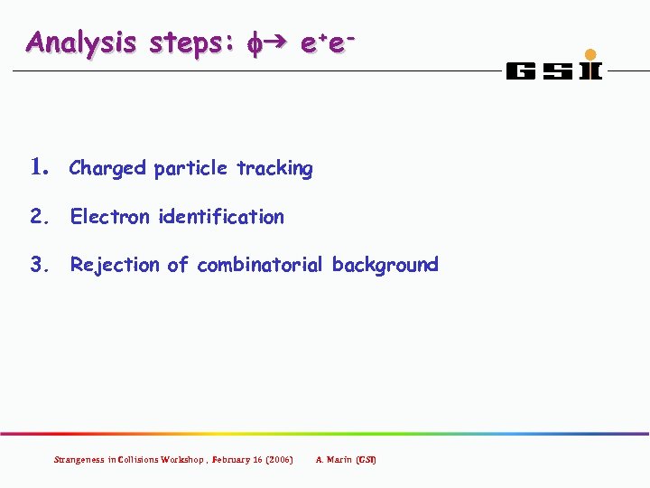 Analysis steps: fg e+e- 1. Charged particle tracking 2. Electron identification 3. Rejection of