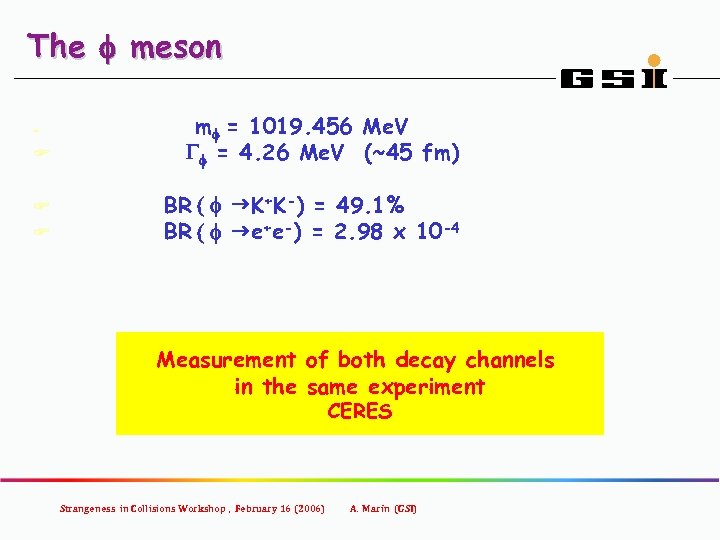 The f meson F mf = 1019. 456 Me. V Gf = 4. 26