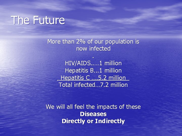 The Future More than 2% of our population is now infected. HIV/AIDS. . …