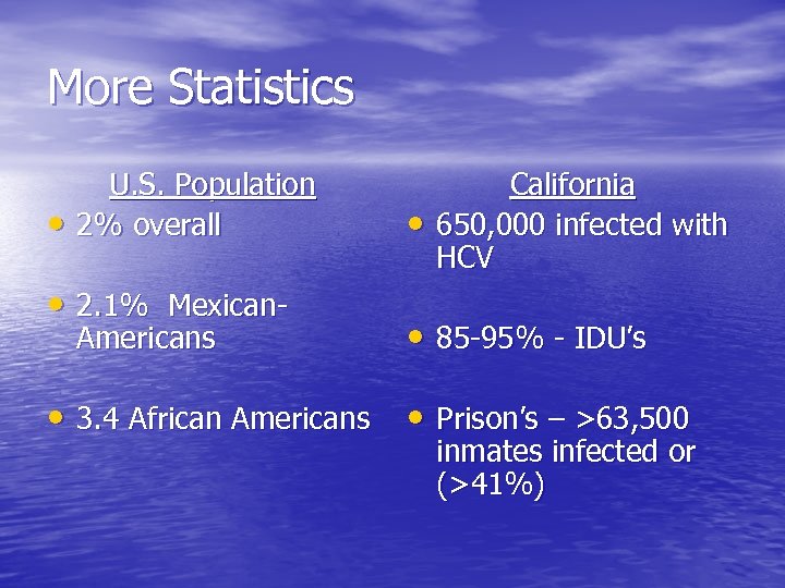 More Statistics • U. S. Population 2% overall • 2. 1% Mexican. Americans •