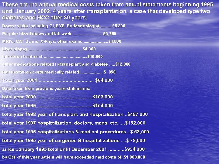 These are the annual medical costs taken from actual statements beginning 1995 until January