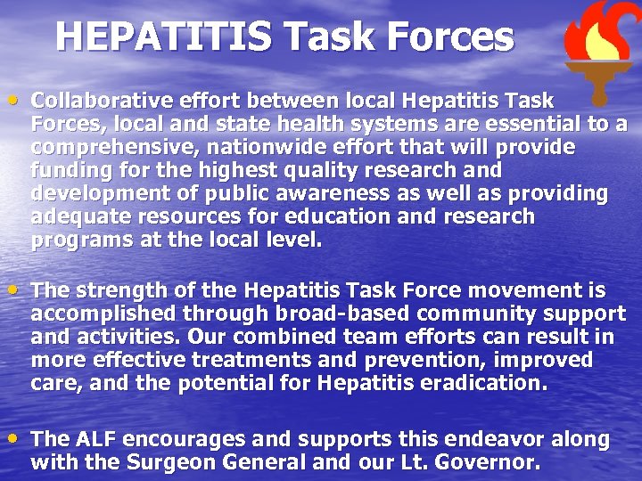 HEPATITIS Task Forces • Collaborative effort between local Hepatitis Task Forces, local and state