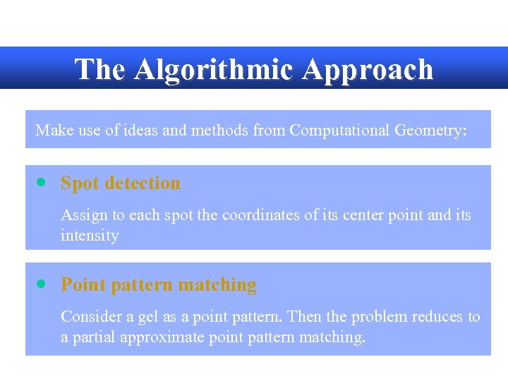 The Algorithmic Approach Make use of ideas and methods from Computational Geometry: · Spot